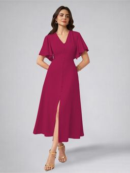 Twenty Dresses by Nykaa Fashion - Womens Flutter Sleeves Hot Pink Pleated Midi Dress