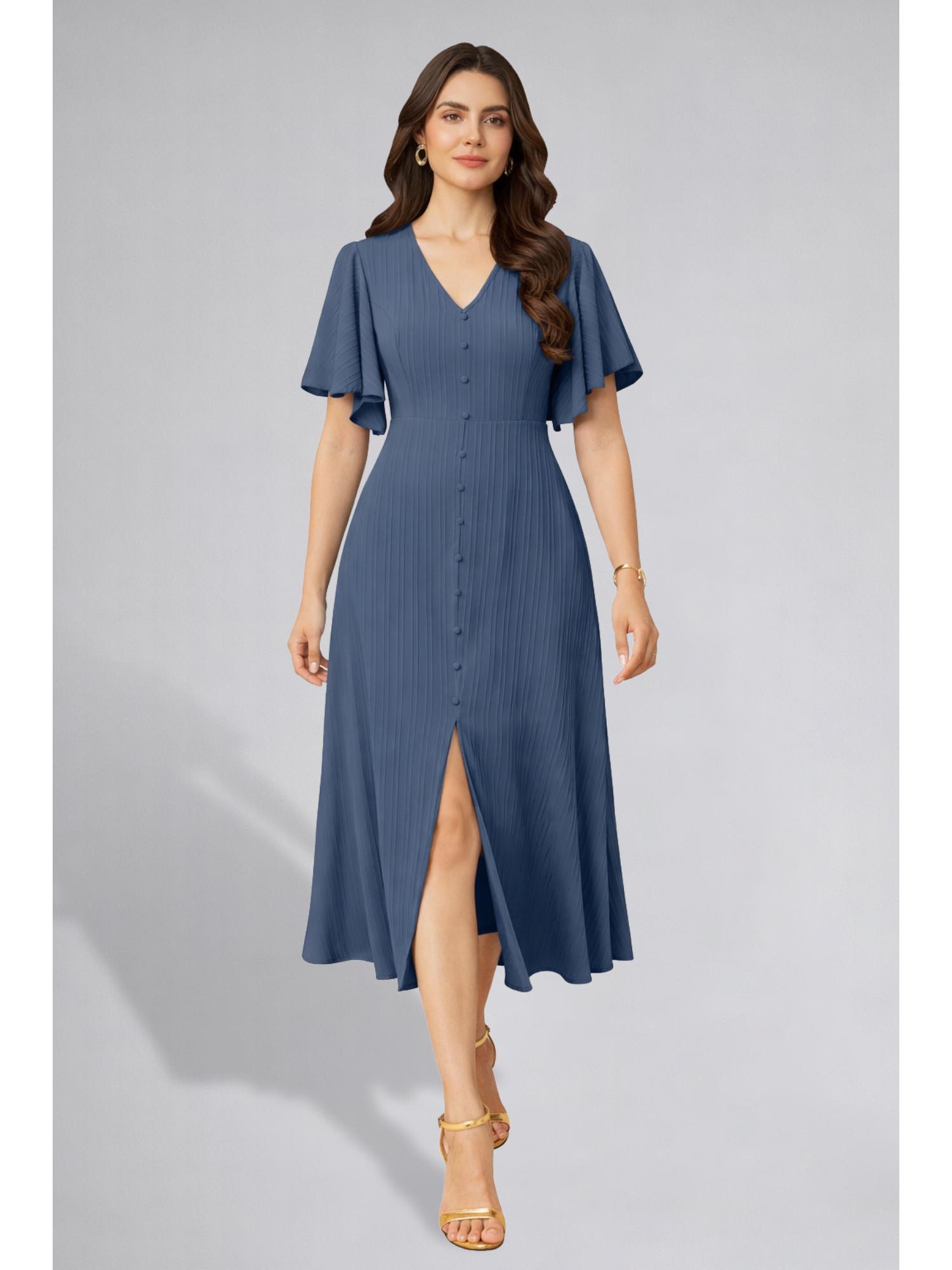 Womens Flutter Sleeves Indigo Blue Pleated Midi Dress-picture-16