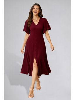 Twenty Dresses by Nykaa Fashion - Womens Flutter Sleeves Maroon Pleated Midi Dress