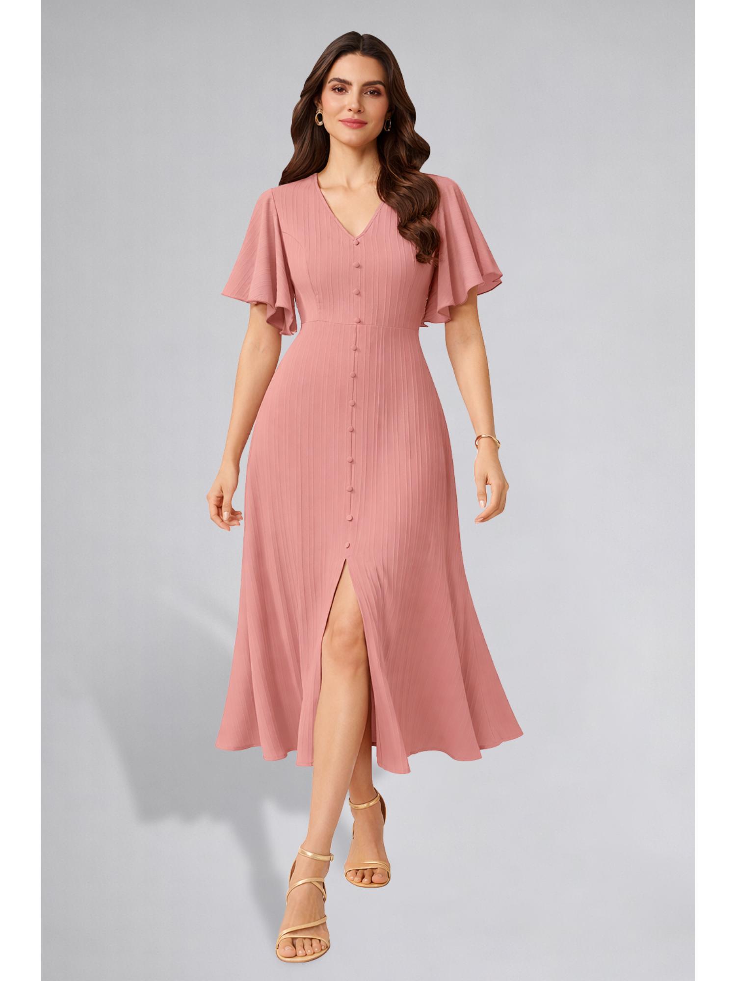 Womens Flutter Sleeves Peach Pleated Midi Dress-picture-29