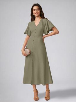 Twenty Dresses by Nykaa Fashion - Womens Flutter Sleeves Pista Pleated Midi Dress