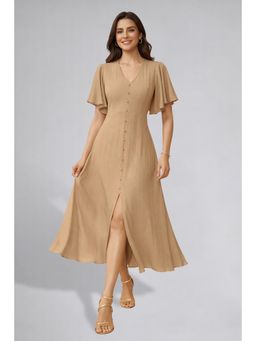 Twenty Dresses by Nykaa Fashion - Womens Flutter Sleeves Beige Pleated Midi Dress