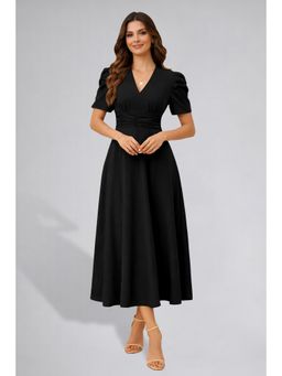 Twenty Dresses by Nykaa Fashion - Womens Puff Sleeve Black Solid V-Neck A-Line Midi Dress