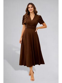 Twenty Dresses by Nykaa Fashion - Womens Puff Sleeve Brown Solid V-Neck A-Line Midi Dress