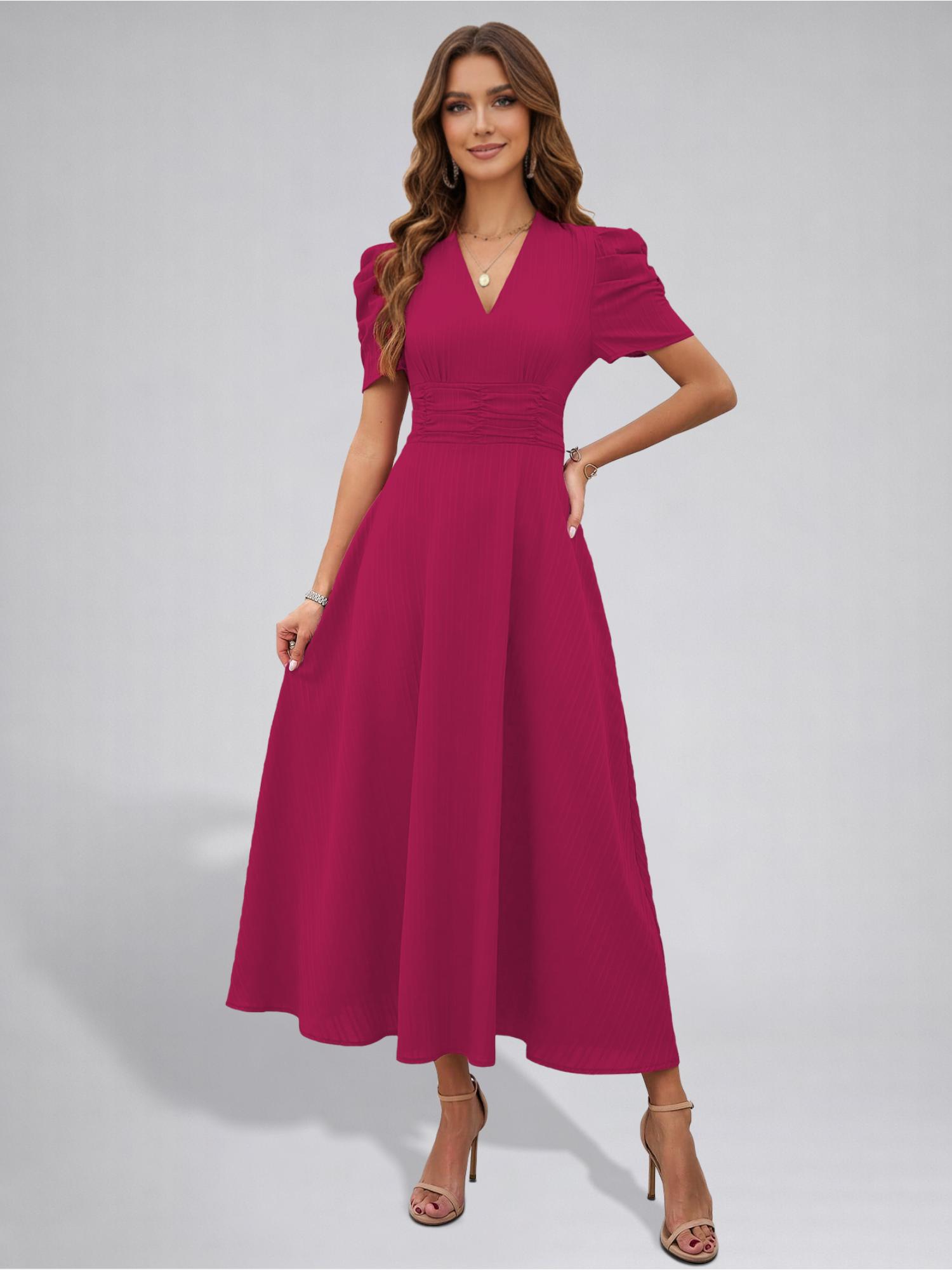 Womens Puff Sleeve Hot Pink Solid V-Neck A-Line Midi Dress-picture-16