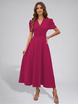 Twenty Dresses by Nykaa Fashion - Womens Puff Sleeve Hot Pink Solid V-Neck A-Line Midi Dress