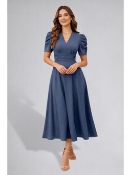 Twenty Dresses by Nykaa Fashion - Womens Puff Sleeve Blue Solid V-Neck A-Line Midi Dress