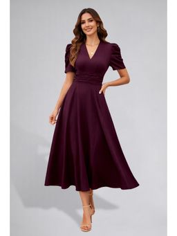 Twenty Dresses by Nykaa Fashion - Womens Puff Sleeve Magenta Solid V-Neck A-Line Midi Dress