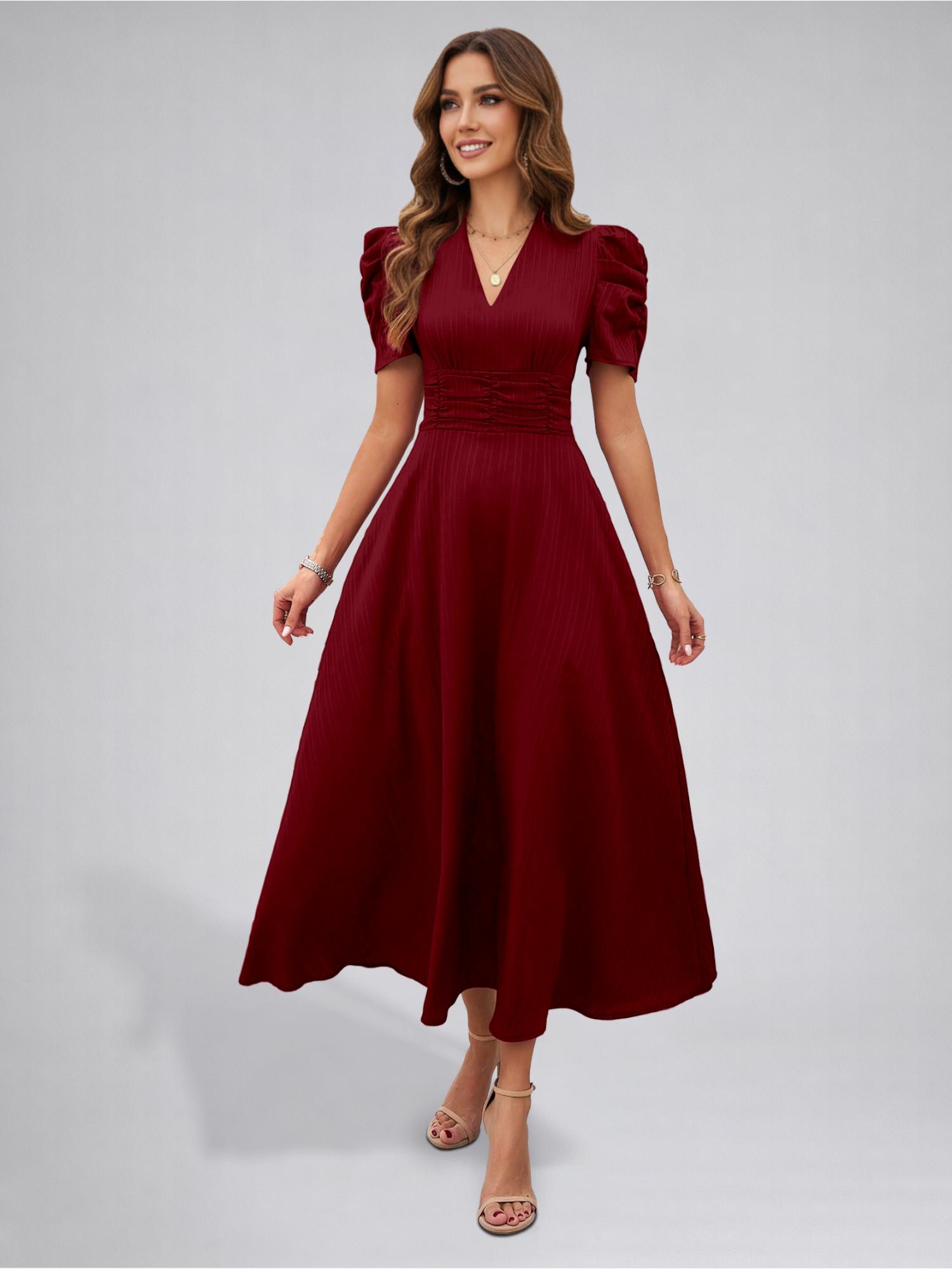 Womens Puff Sleeve Maroon Solid V-Neck A-Line Midi Dress-picture-26