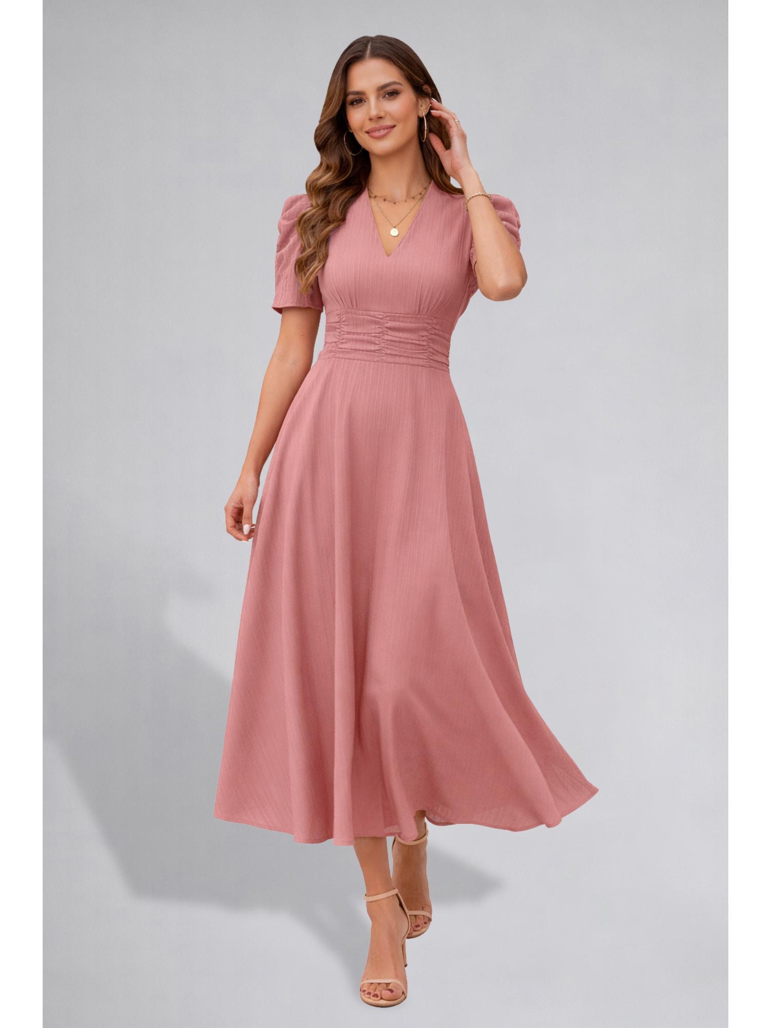 Womens Puff Sleeve Peach Solid V-Neck A-Line Midi Dress-picture-11