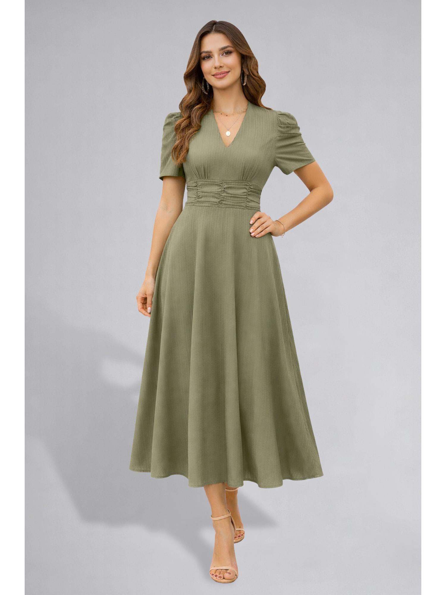 Womens Puff Sleeve Pista Solid V-Neck A-Line Midi Dress-image-6