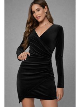 Twenty Dresses by Nykaa Fashion - Womens V-Neck Front Ruched Black Velvet Bodycon Mini Dress