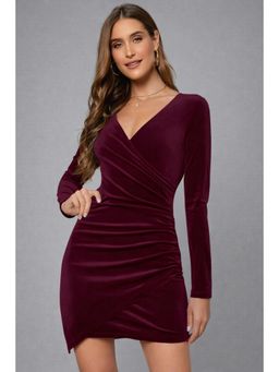Twenty Dresses by Nykaa Fashion - Womens V-Neck Front Ruched Maroon Velvet Bodycon Mini Dress