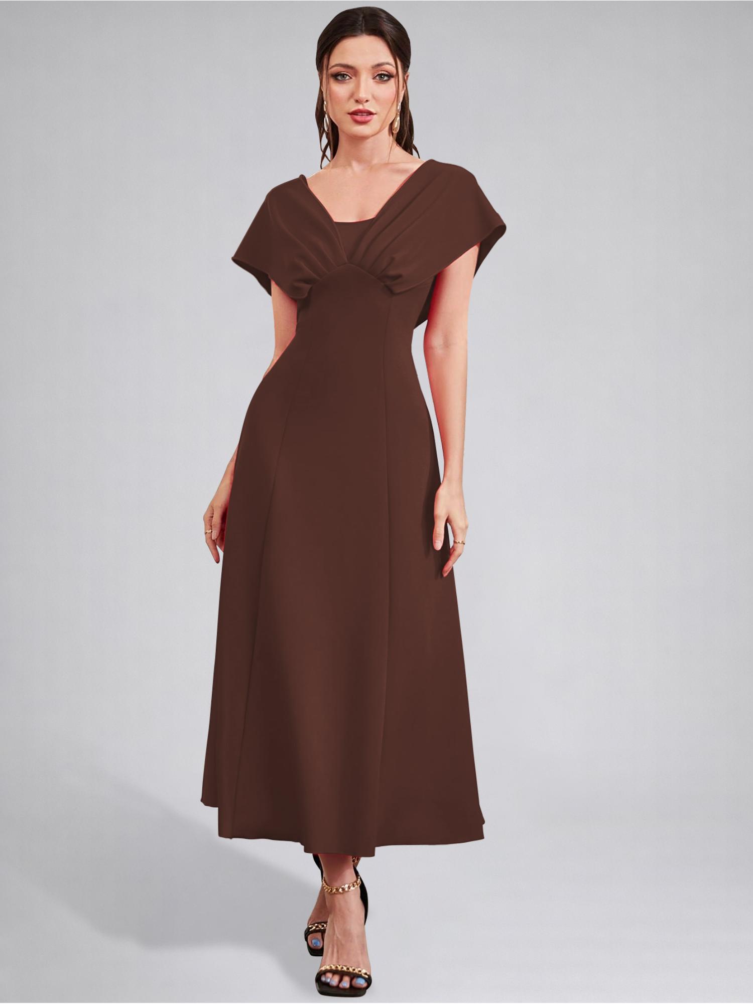 Womens V-Neck Pleated Bodice Brown Solid A-Line Maxi Dress-picture-17
