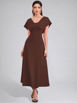 Twenty Dresses by Nykaa Fashion - Womens V-Neck Pleated Bodice Brown Solid A-Line Maxi Dress