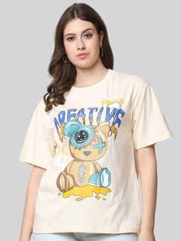 Twenty Dresses by Nykaa Fashion - Beige Cotton Printed Womens Oversized T-Shirt