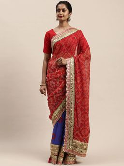 Vastranand - Red & Blue Poly Georgette Printed Bandhani Saree with Unstitched Blouse