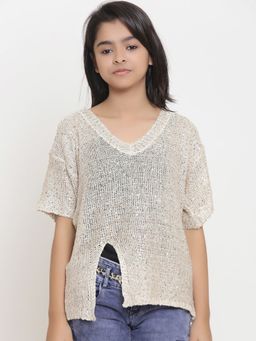 Natilene - Girls Off-White Self Design Top