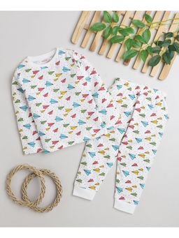 Bumzee - White Girls Full Sleeves T-Shirt and Pyjama (Set of 2)