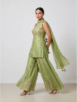 NIYARA INDIA - Avani Green Hand-Embroidered Kurti with Palazzo and Dupatta