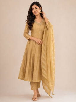 Sindh Fashion - Champagne Gold Embroidered Kurta with Pant and Dupatta