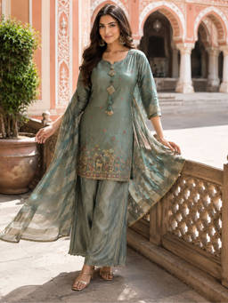 Sindh Fashion - Green Dusty Sage Embroidered Kurta with Palazzo and Dupatta