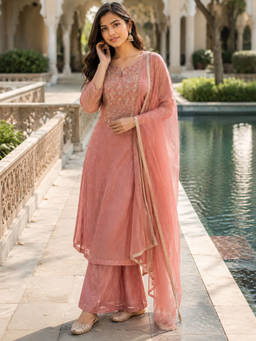 Sindh Fashion - Blush Pink Embroidered Kurta with Pant and Dupatta