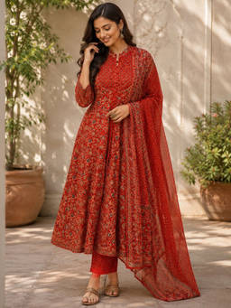 Sindh Fashion - Rust Red Ajrakh Printed Anarkali Kurta with Pant and Dupatta