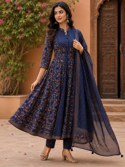 Sindh Fashion - Navy Blue Printed Anarkali Kurta with Pant and Dupatta