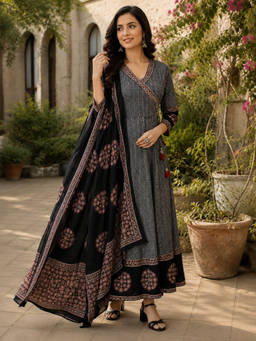 Sindh Fashion - Black Ajrakh Printed Anarkali Kurta with Pant and Dupatta