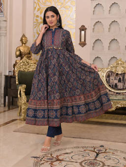 Sindh Fashion - Navy Blue Ajrakh Printed Anarkali Kurta with Pant