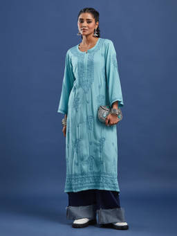 Sufiza Lifestyle - Turquoise Woman Embroidered Chhikankari Kurta
