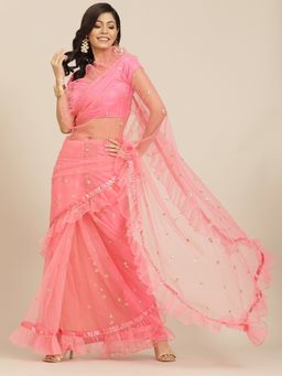 Tikhi Imli - Pink Sequins Embellished Ruffle Net Saree with Unstitched Blouse