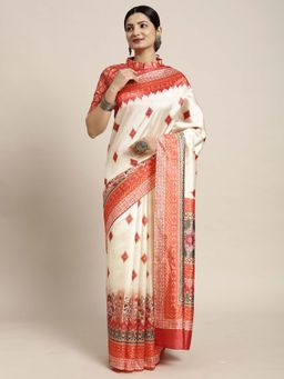 Akhilam - Women Silk Blend Off White Printed Designer Saree with Unstitched Blouse