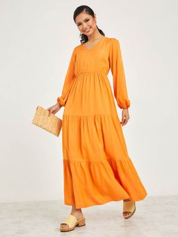 Styli - Beige V Neck Tiered Maxi Dress With Long Sleeves