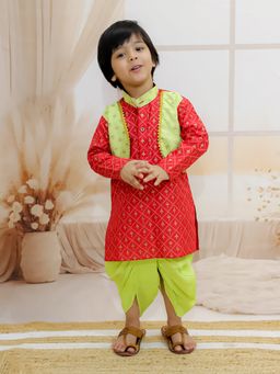 BownBee - Foil Print Full Sleeve Cotton Dhoti with Kurta for Boys- Maroon (Set of 2)