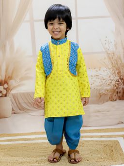 BownBee - Foil Print Full Sleeve Cotton Dhoti with Kurta for Boys- Yellow (Set of 2)