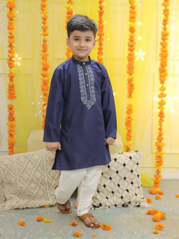 BownBee - Embroidery Cotton Full Sleeve Kurta with Pyjama for Boys- Navy Blue (Set of 2)