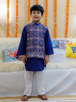 BownBee - Pure Cotton Printed Jacket with Kurta & Pyjama for Boys- Blue (Set of 3)
