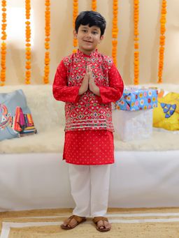 BownBee - Pure Cotton Printed Jacket with Kurta & Pyjama for Boys- Red (Set of 3)
