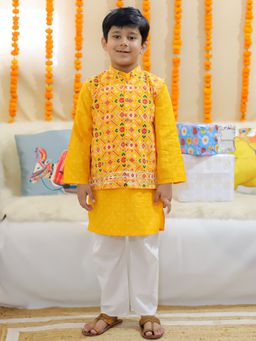 BownBee - Pure Cotton Printed Jacket with Kurta & Pyjama for Boys- Yellow (Set of 3)