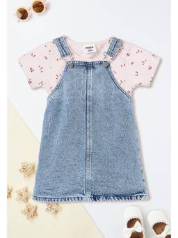 max - Girls Washed Denim Pinafore Dress Set - Blue