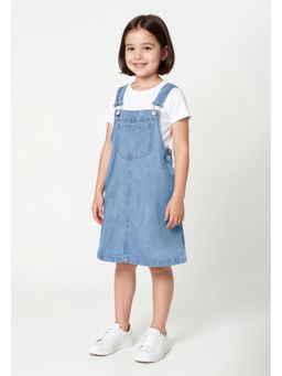 max - Girls Solid Denim Pinafore Dress with T-shirt - Blue