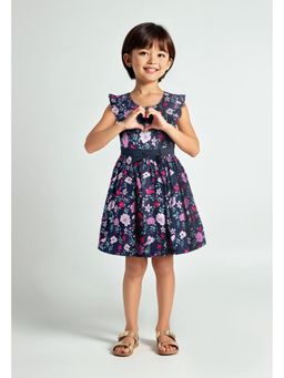 max - Girls Floral Printed Dress - Navy Blue