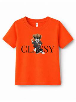 KAVEE - Pure Cotton Bio Washed Classy Text and Teddy Printed T-shirt - Orange