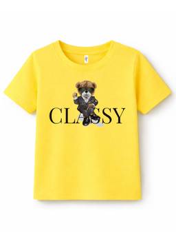 KAVEE - Pure Cotton Bio Washed Classy Text and Teddy Printed T-shirt - Yellow