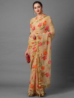 Akhilam - Cream Casual Georgette Printed Saree with Unstitched