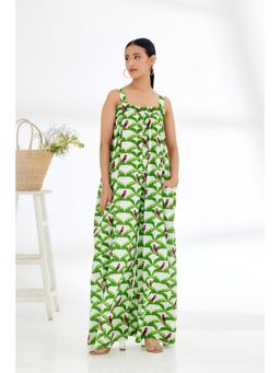 Nikasha - White & Green Hand Painted Parakeet Print Jumpsuit