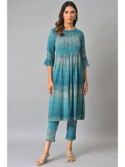 W - Teal Textured Kurta-Straight Pant (Set of 2)