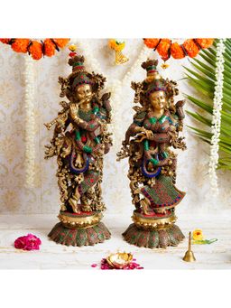 eCraftIndia - Colorful Radha Krishna Playing Flute Handcrafted Brass Idol With Stone Work